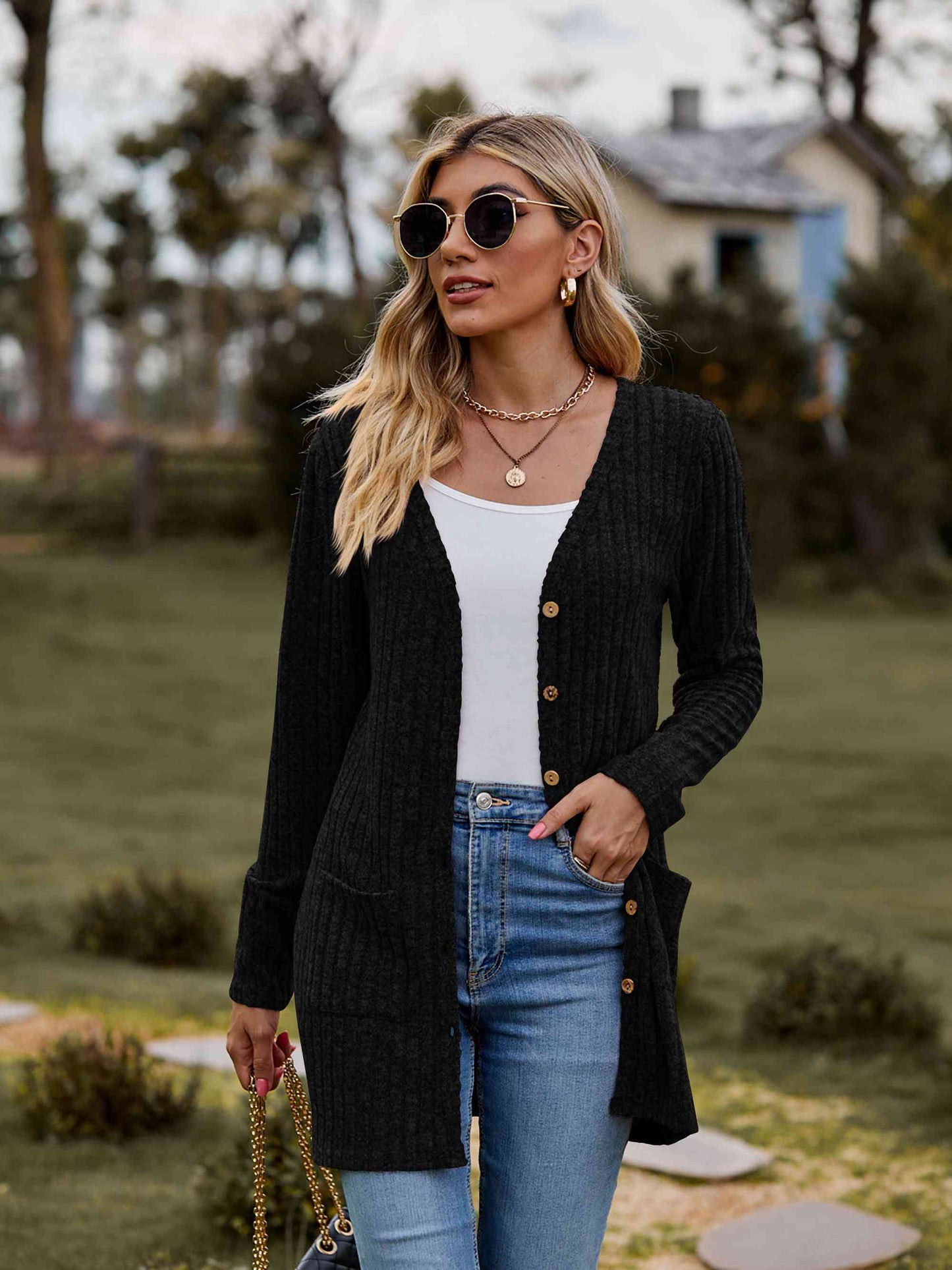 Ribbed Button-Up Cardigan with Pockets (BFD) T - Deals DejaVu