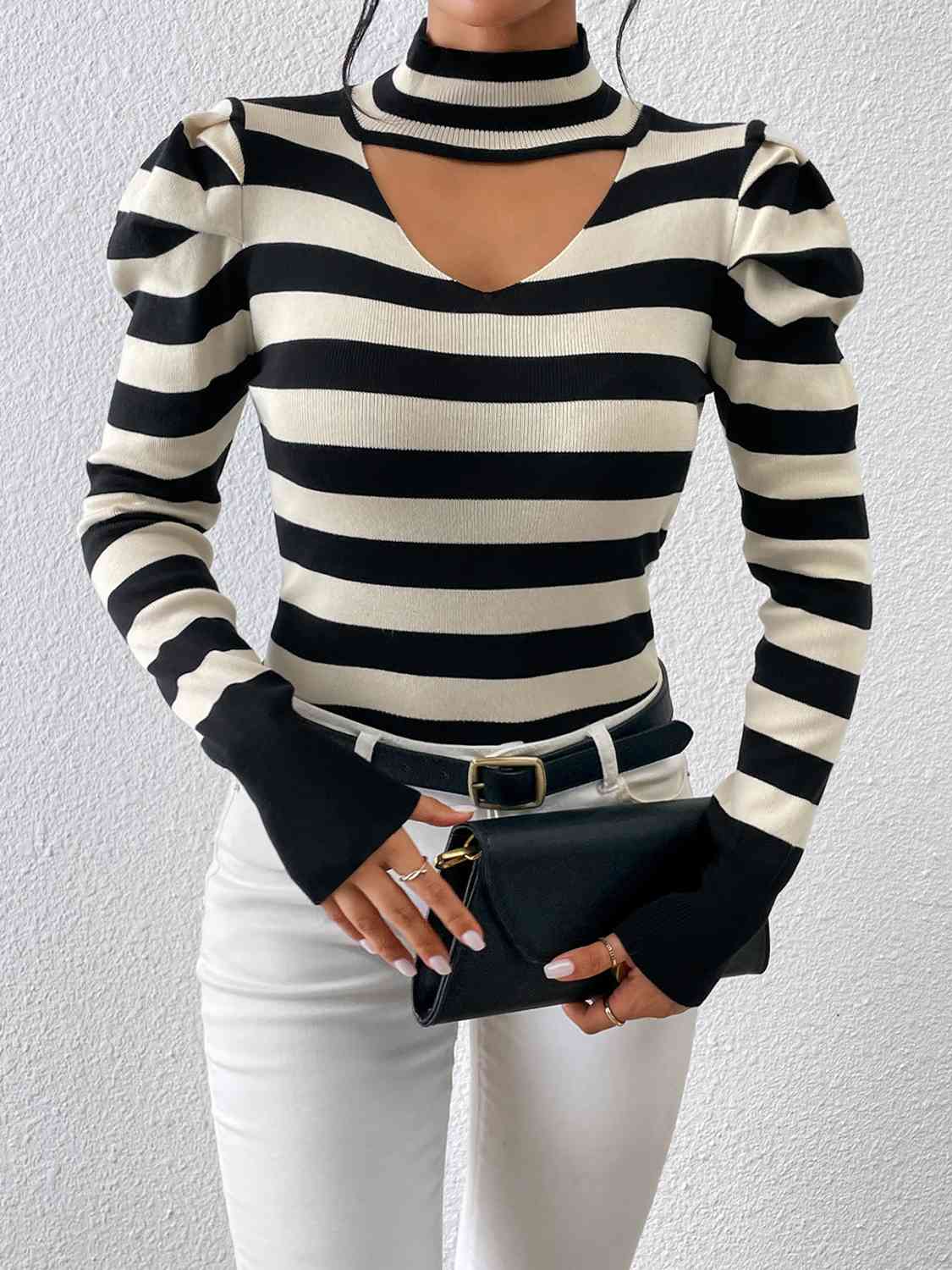 Striped Cutout Mock Neck Knit Top - Deals DejaVu