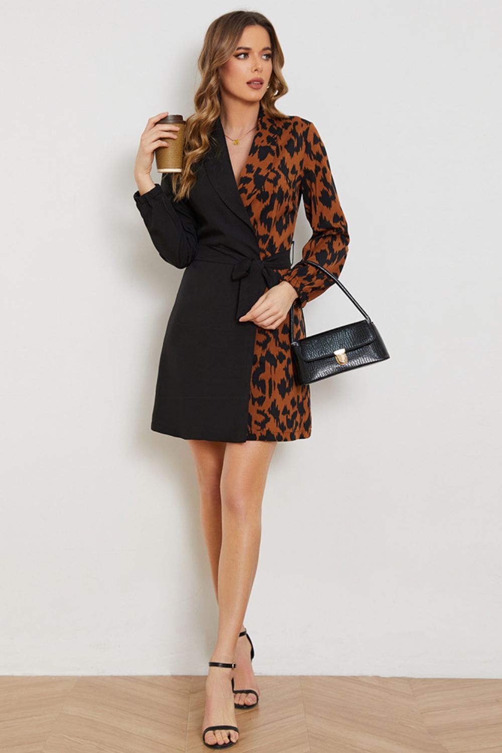 Leopard Color Block Belted Shawl Collar Dress (BWD)(WS06)T - Deals DejaVu