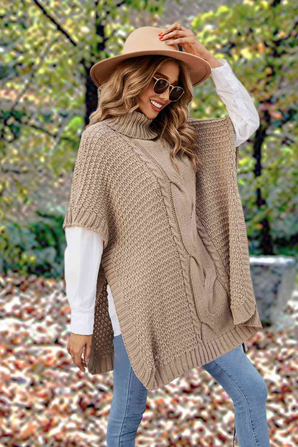 Turtleneck Slit Short Sleeve Sweater - Deals DejaVu