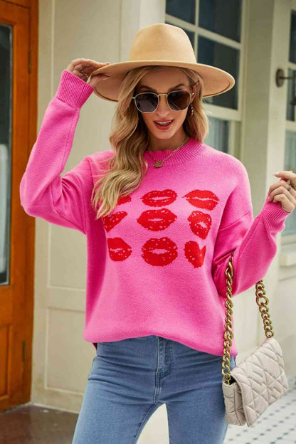 Woven Right Lip Graphic Slit Dropped Shoulder Sweater - Deals DejaVu