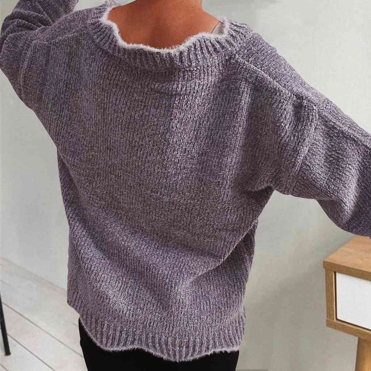 V-Neck Drop Shoulder Long Sleeve Sweater - Deals DejaVu