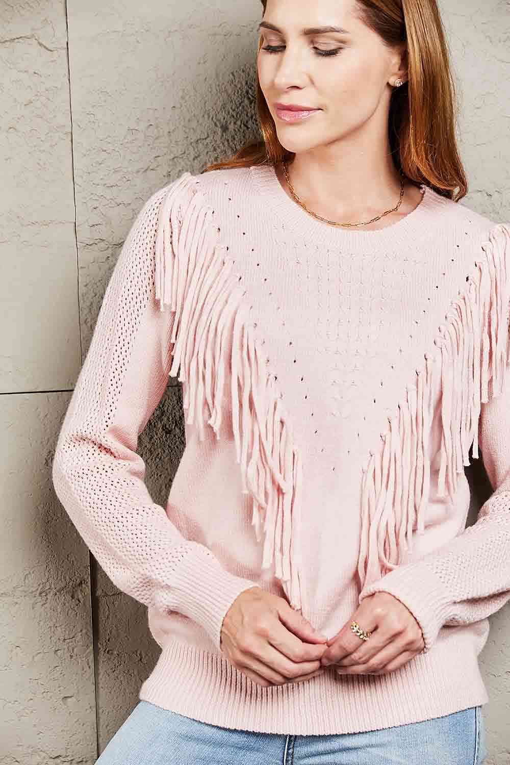 Double Take Fringe Detail Ribbed Trim Sweater - Deals DejaVu