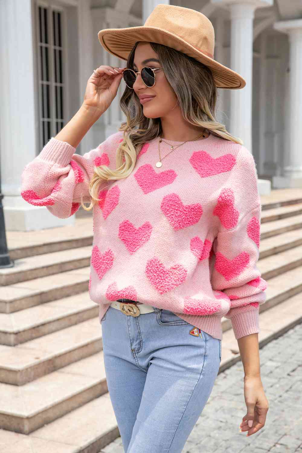 Round Neck Dropped Shoulder Sweater with Heart Pattern - Deals DejaVu