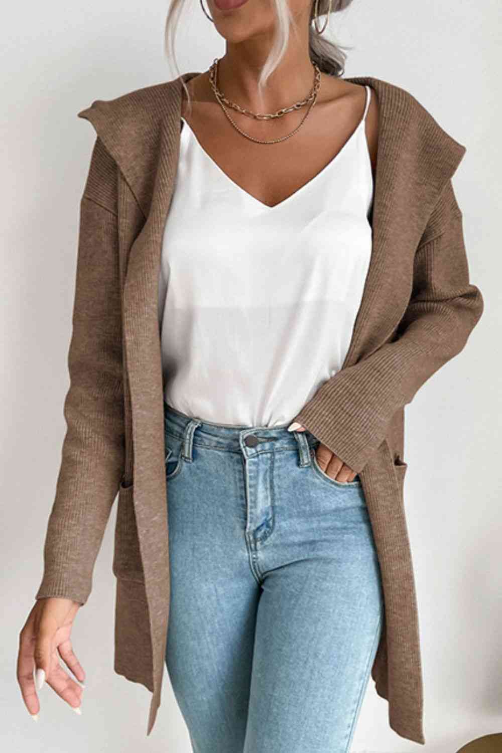 Double Take Ribbed Open Front Hooded Cardigan with Pockets - Deals DejaVu