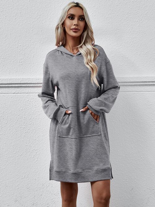 Slit Long Sleeve Hooded Dress with Pocket (MWBT) T - Deals DejaVu