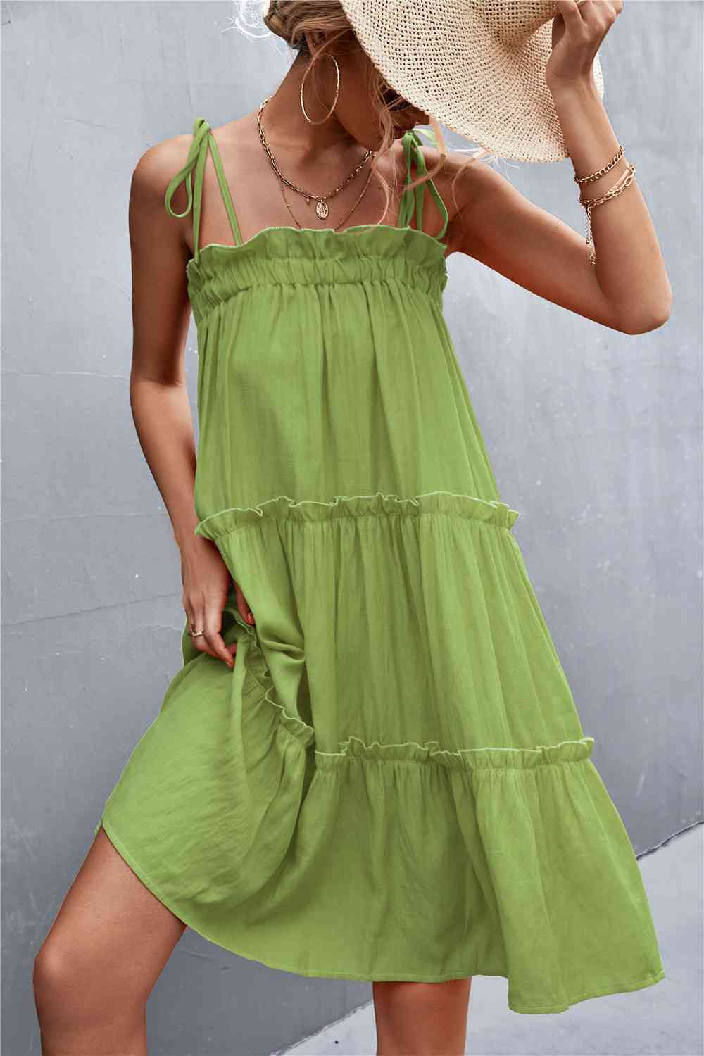 Tie-Shoulder Frill Trim Sleeveless Dress - Deals DejaVu