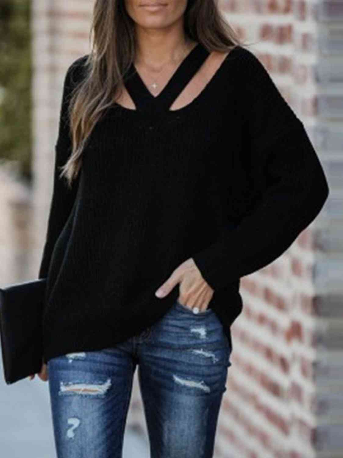 Full Size Cutout V-Neck Rib-Knit Sweater - Deals DejaVu