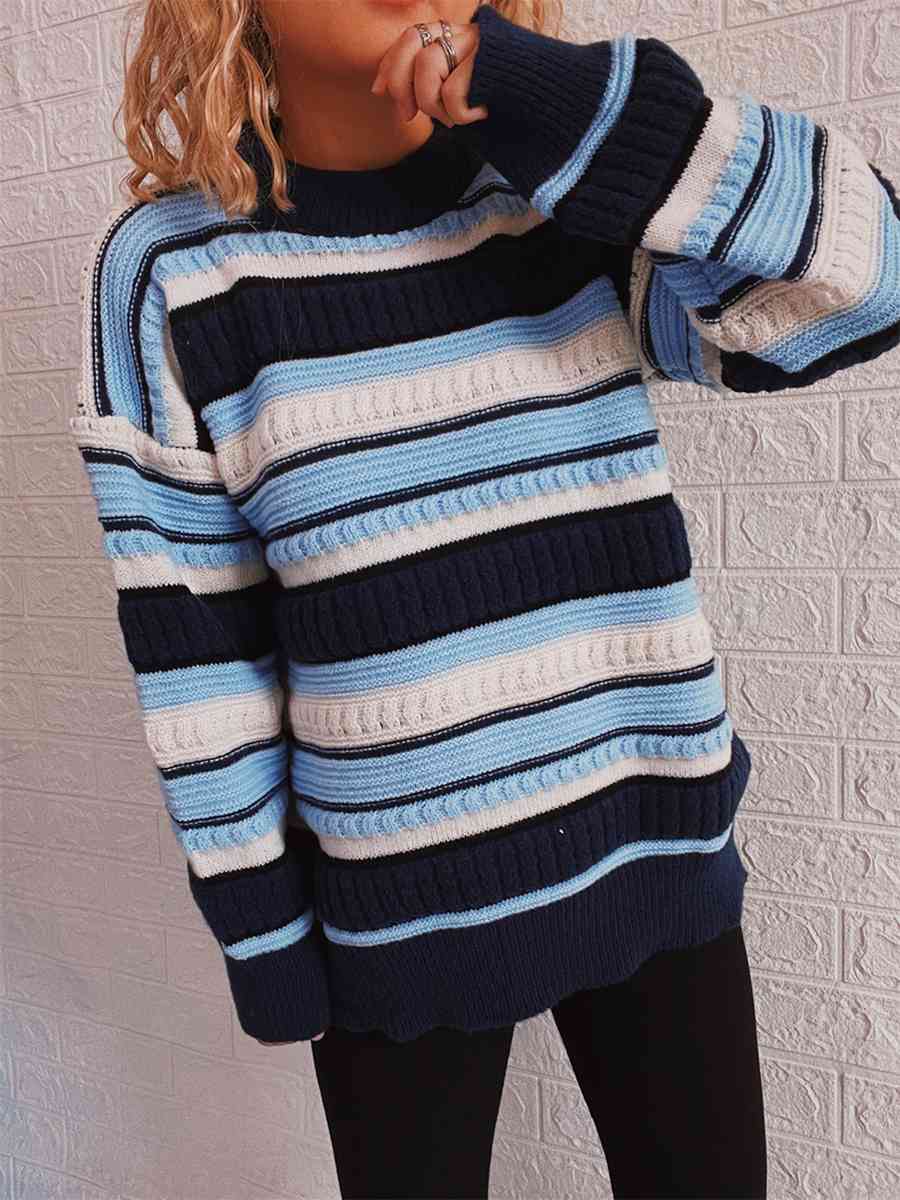 Striped Drop Shoulder Round Neck Sweater - Deals DejaVu