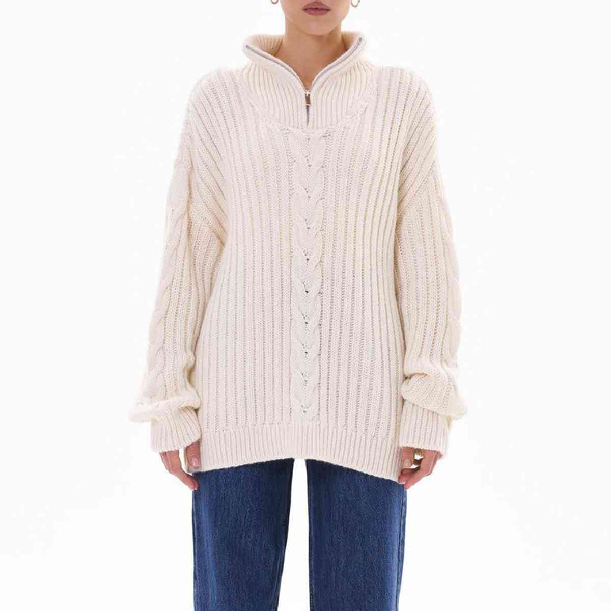 Ribbed Half Zip Long Sleeve Sweater - Deals DejaVu