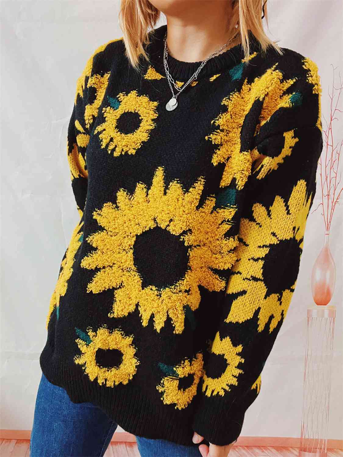 Sunflower Dropped Shoulder Long Sleeve Sweater - Deals DejaVu