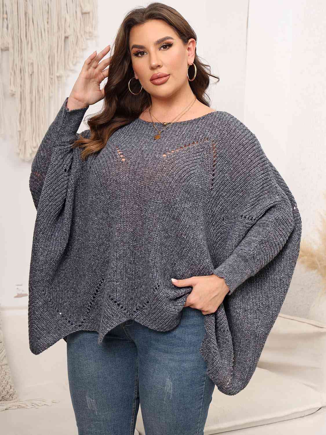 Plus Size Round Neck Batwing Sleeve Sweater - Deals DejaVu