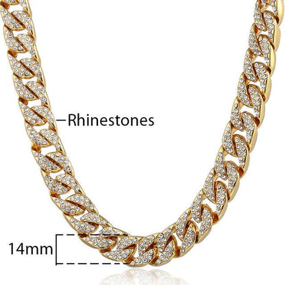 14mm Men's Necklace - Miami Curb Cuban Chain - Paved Rhinestones CZ Rapper Necklace (2U83)