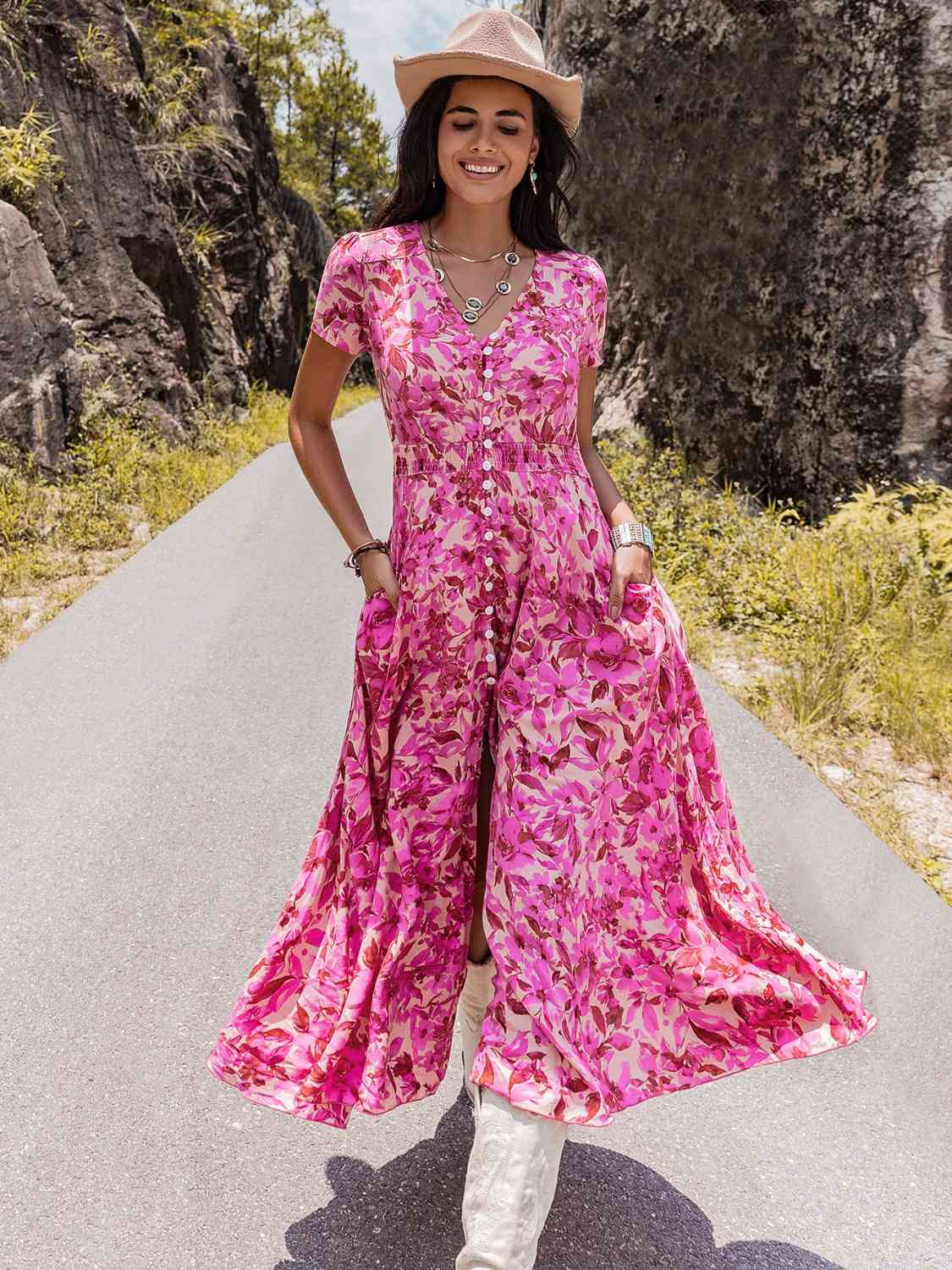 Floral V-Neck Slit Dress (MWBT) T - Deals DejaVu