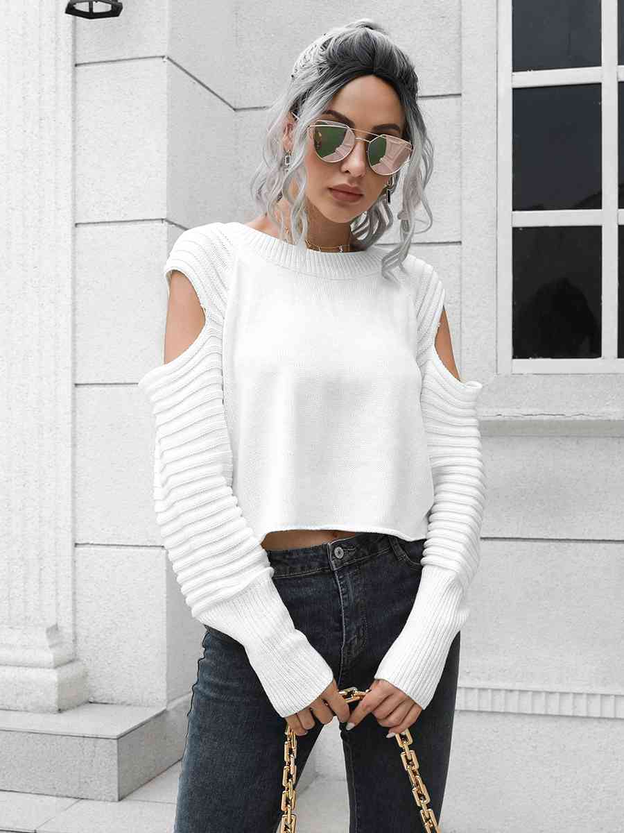 Cold-Shoulder Ribbed Trim Sweater - Deals DejaVu