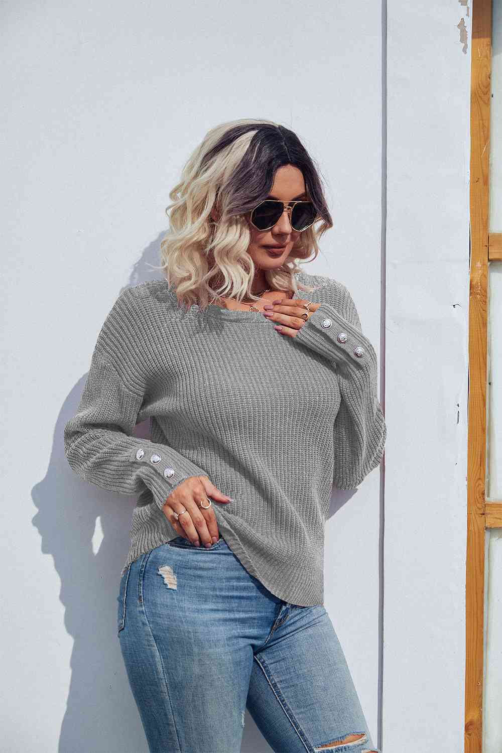 Round Neck Long Sleeve Waffle-Knit Sweater - Deals DejaVu