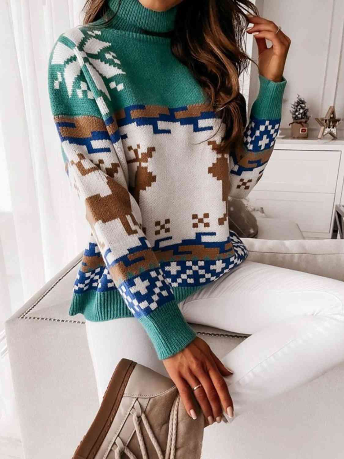 Reindeer Turtleneck Drop Shoulder Sweater - Deals DejaVu