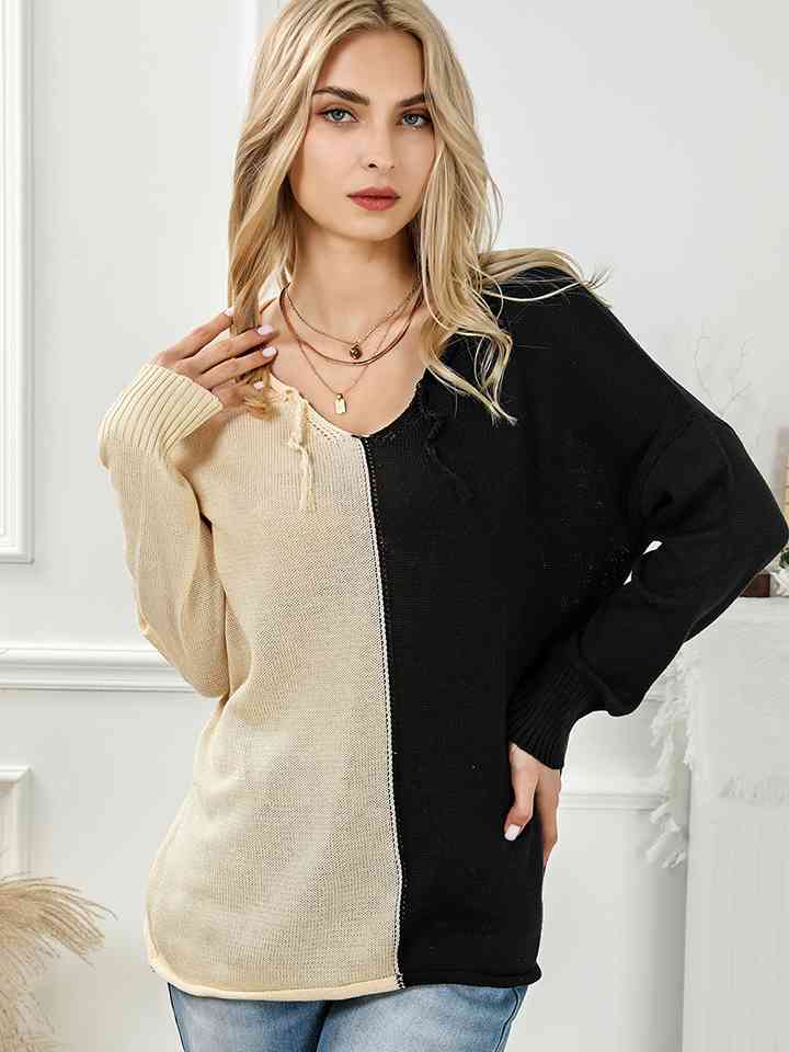 Two-Tone V-Neck Long Sleeve Knit Top - Deals DejaVu