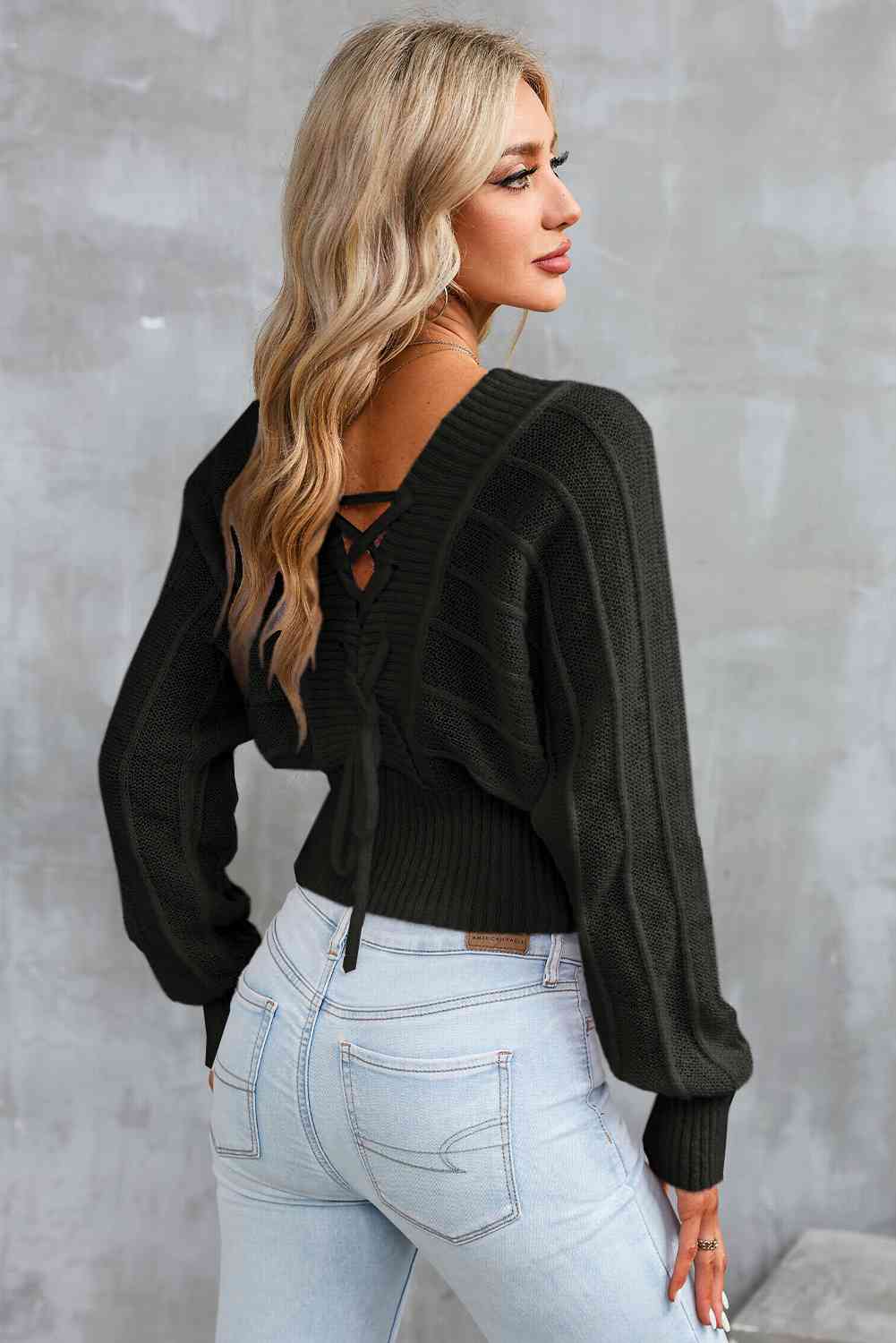 Surplice Neck Lace-Up Sweater - Deals DejaVu