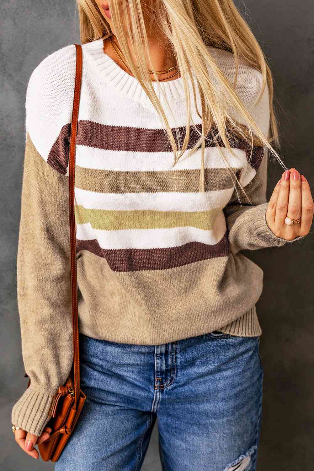 Striped Ribbed Trim Drop Shoulder Sweater - Deals DejaVu