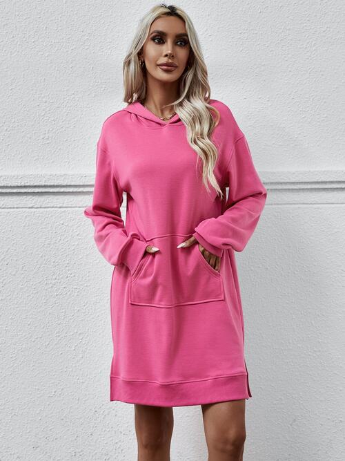 Slit Long Sleeve Hooded Dress with Pocket (MWBT) T - Deals DejaVu