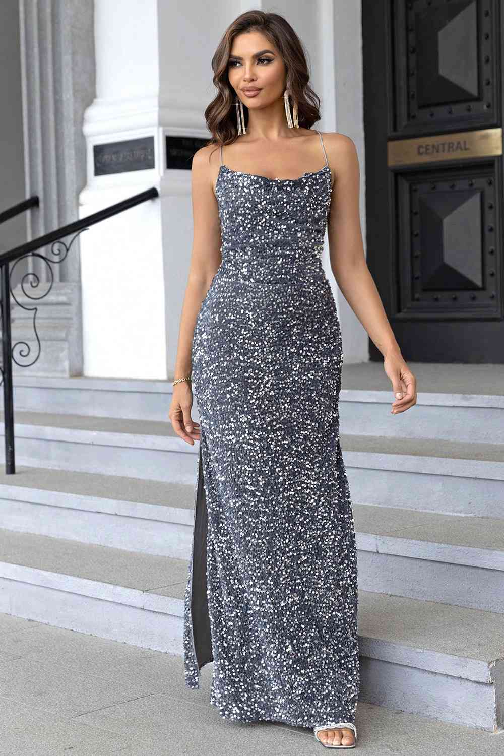 Sequin Backless Split Maxi Dress (BWM) T - Deals DejaVu