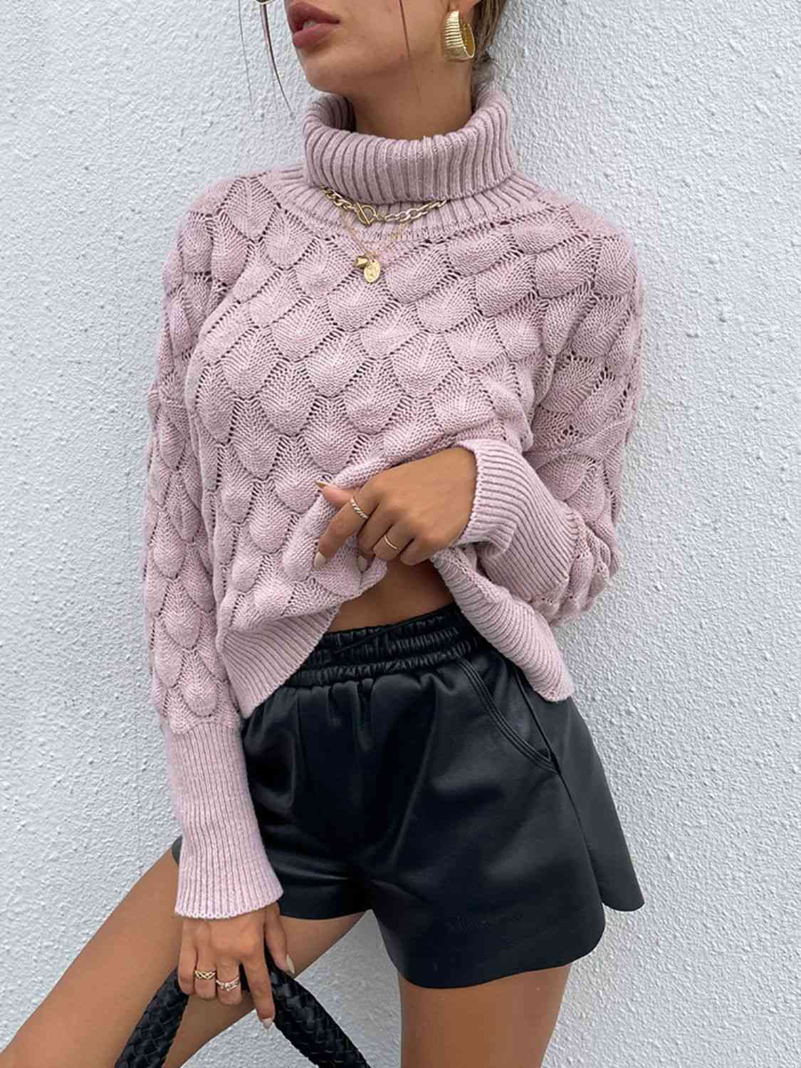 Turtle Neck Ribbed Long Sleeve Sweater - Deals DejaVu