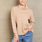Woven Right Button Detail Rib-Knit Turtleneck Sweater