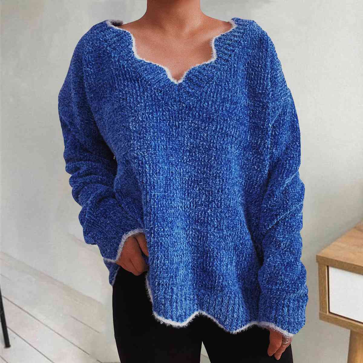 V-Neck Drop Shoulder Long Sleeve Sweater - Deals DejaVu