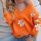 Flower Distressed Ribbed Trim Sweater - Deals DejaVu
