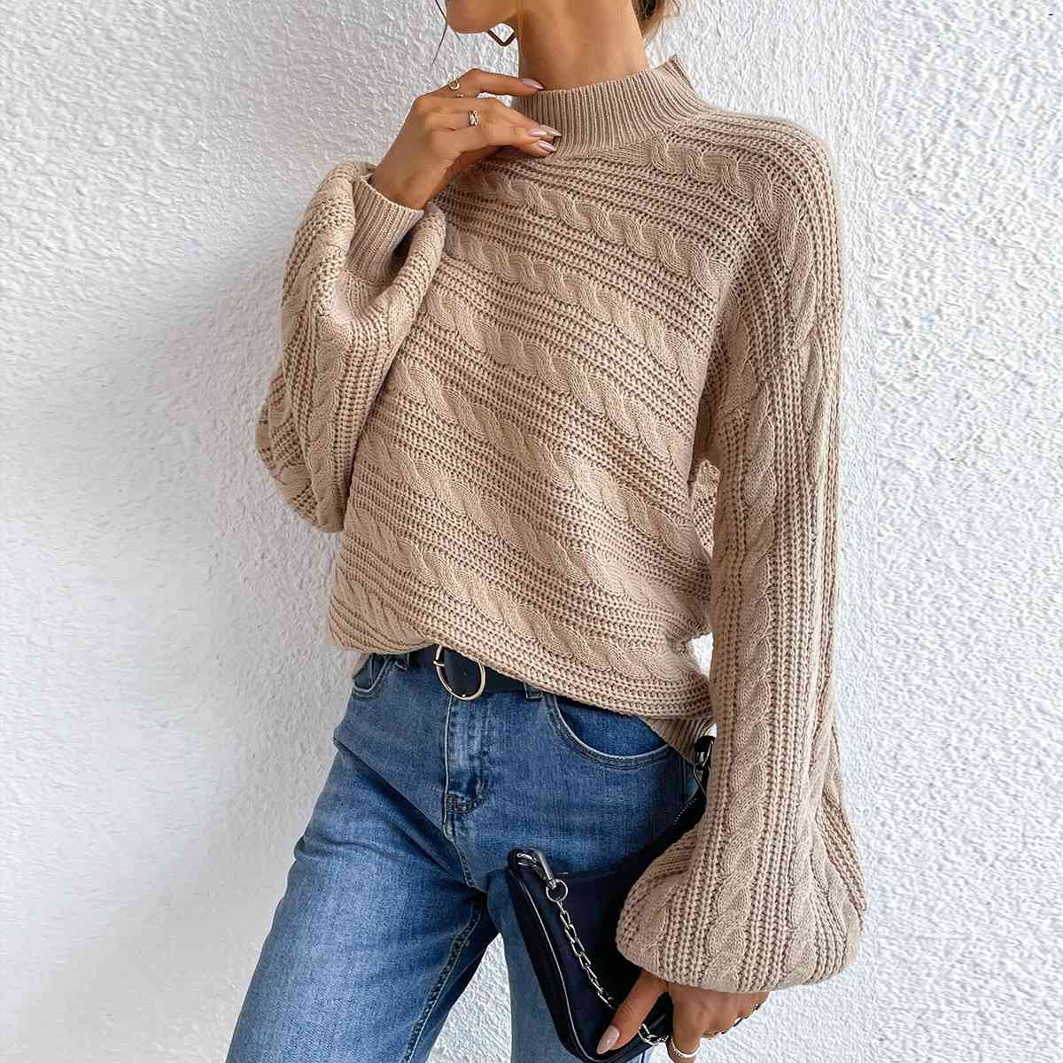 Cable-Knit Mock Neck Long Sleeve Sweater - Deals DejaVu