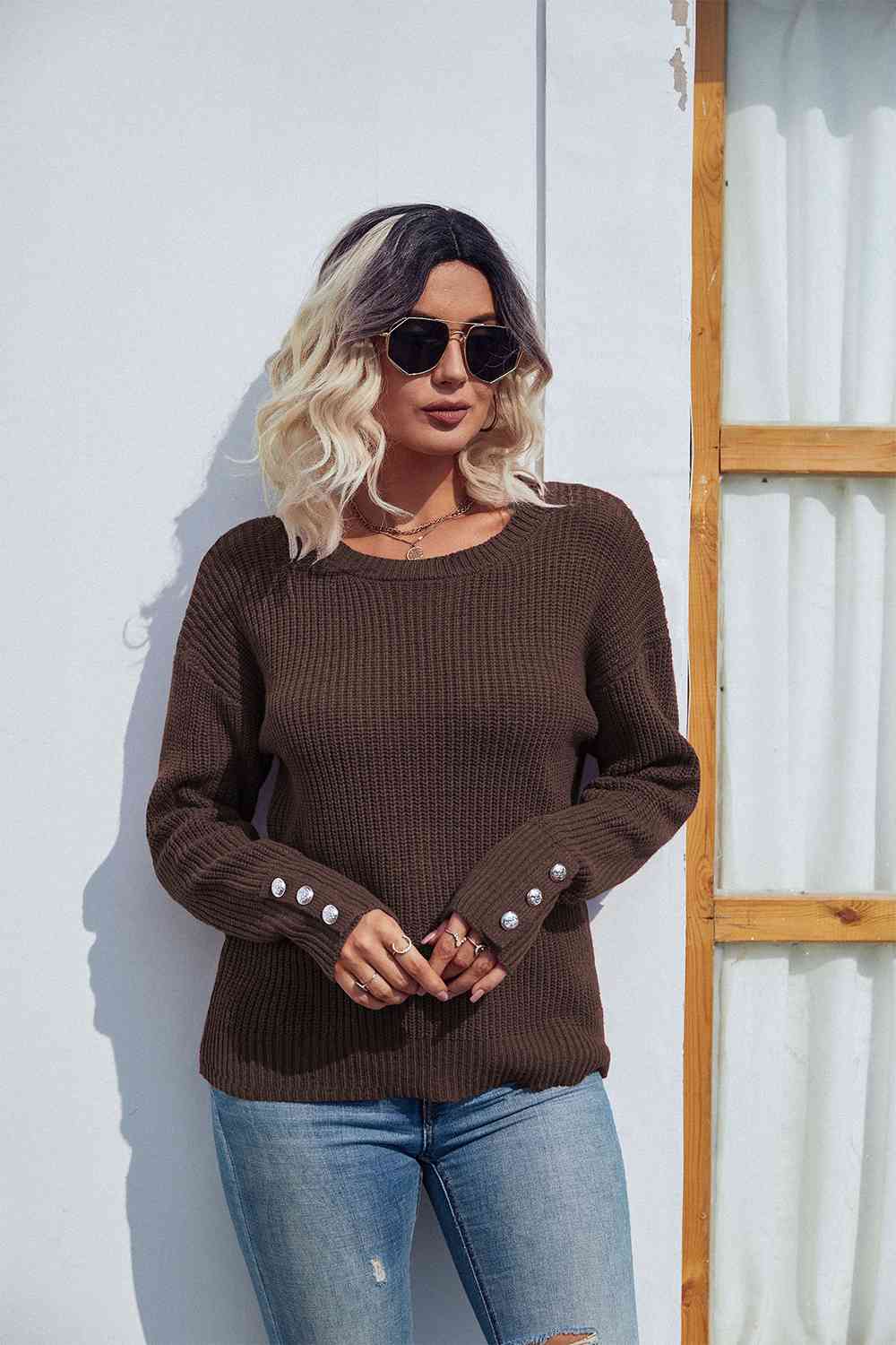 Round Neck Long Sleeve Waffle-Knit Sweater - Deals DejaVu