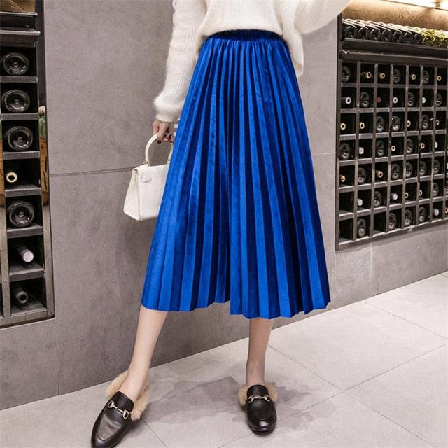 17 Amazing Colors of Autumn Winter Velvet Women Skirts - Ladies Long - Plus Size Maxi Skirts - Female Waist A Line Pleated Skirts (2U22)(2U20)