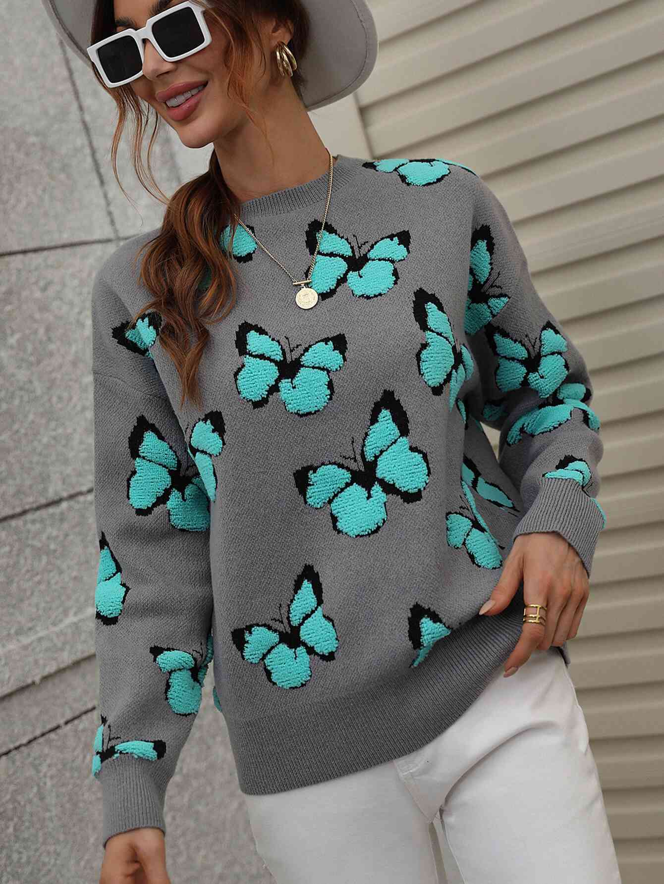 Woven Right Butterfly Dropped Shoulder Crewneck Sweater - Deals DejaVu