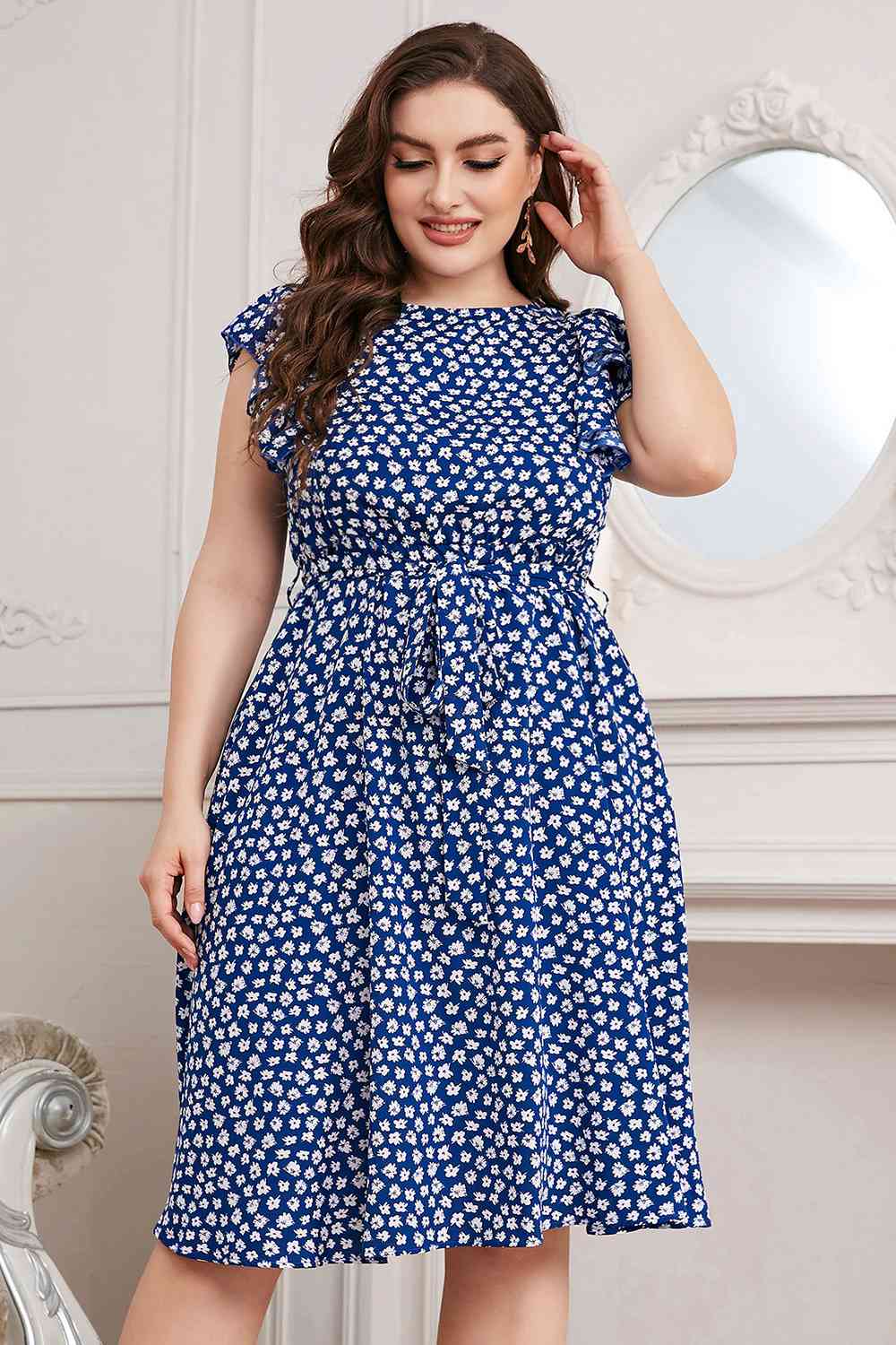 Plus Size Round Neck Tie Waist Dress (MWBT) T - Deals DejaVu