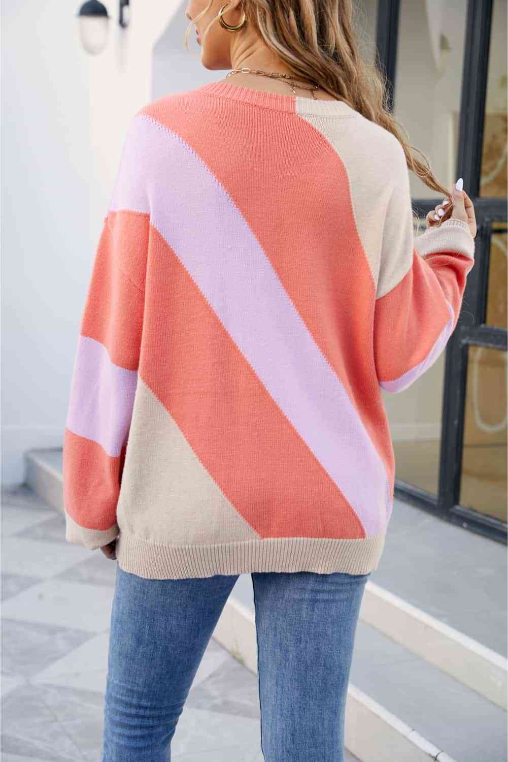 Color Block Ribbed Round Neck Sweater - Deals DejaVu