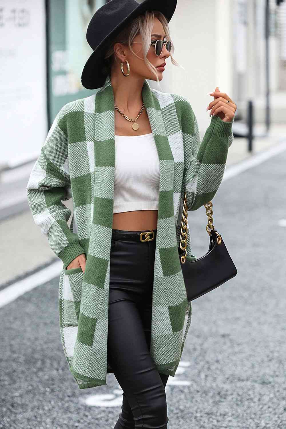 Plaid Dropped Shoulder Cardigan with Pocket - Deals DejaVu