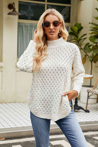 Slit Long Sleeve Mock Neck Sweater - Deals DejaVu