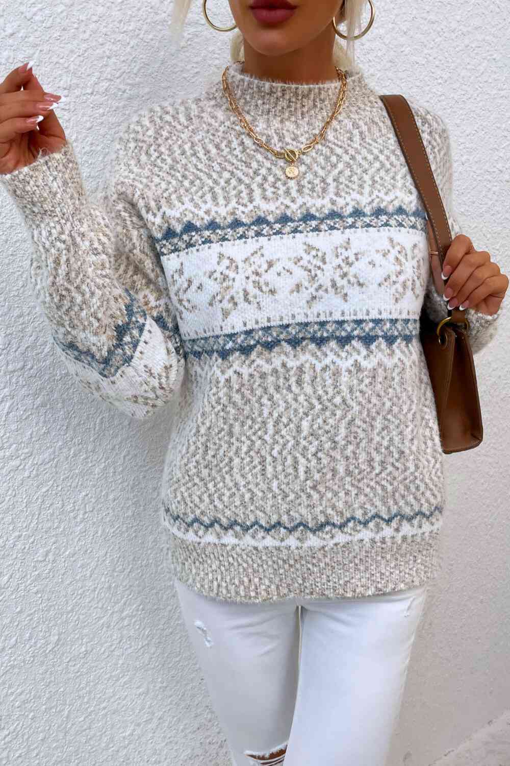 Snowflake Pattern Mock Neck Sweater - Deals DejaVu