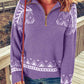 Zip-Up Mock Neck Dropped Shoulder Pullover Sweater