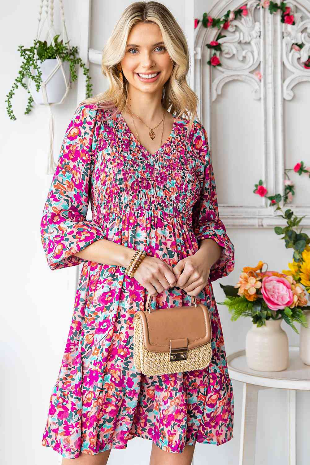 Floral Smocked V-Neck Flounce Sleeve Dress (MWBT) T - Deals DejaVu