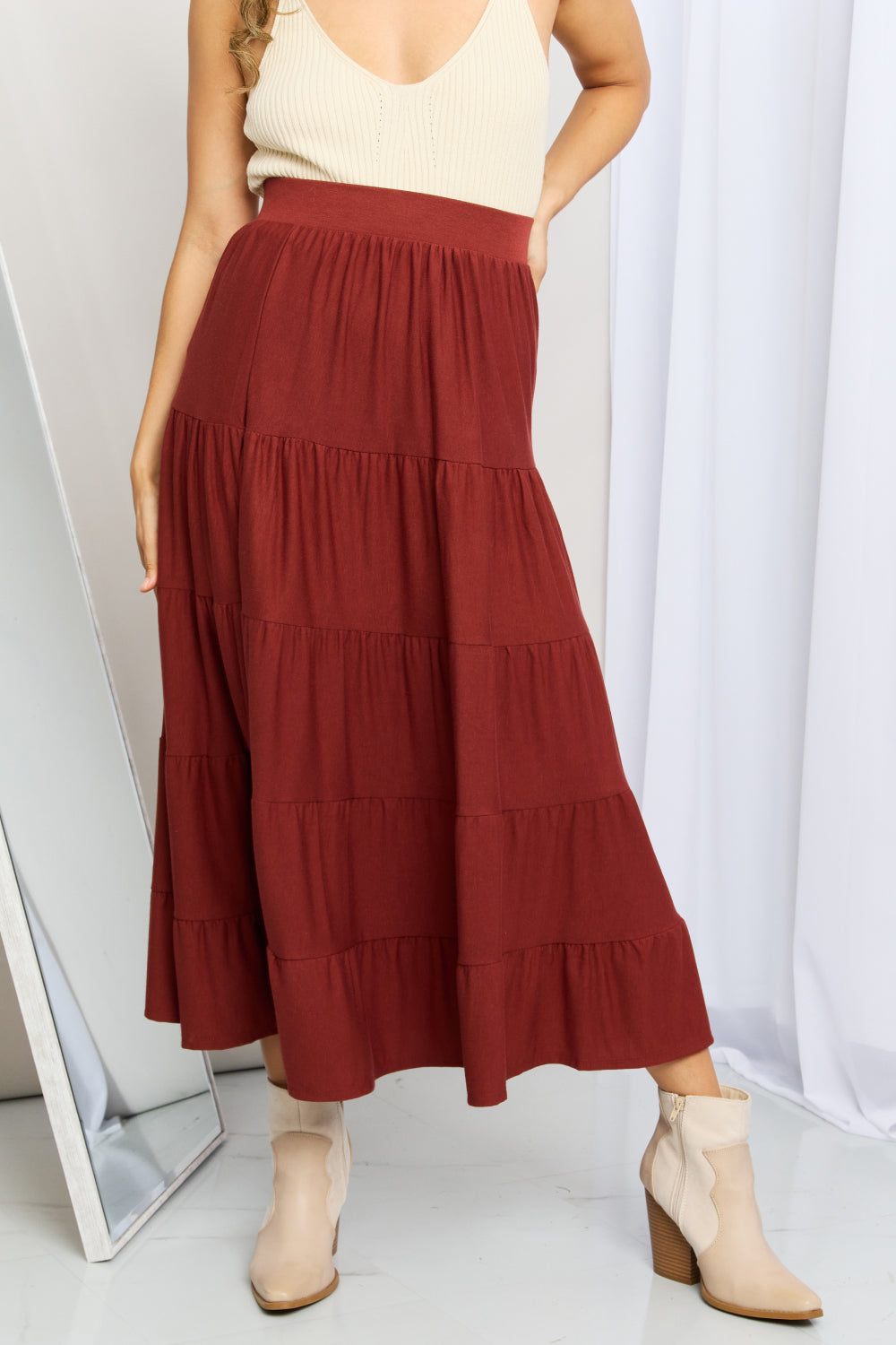 Zenana Full Size Wide Waistband Tiered Midi Skirt (TB7) T - Deals DejaVu