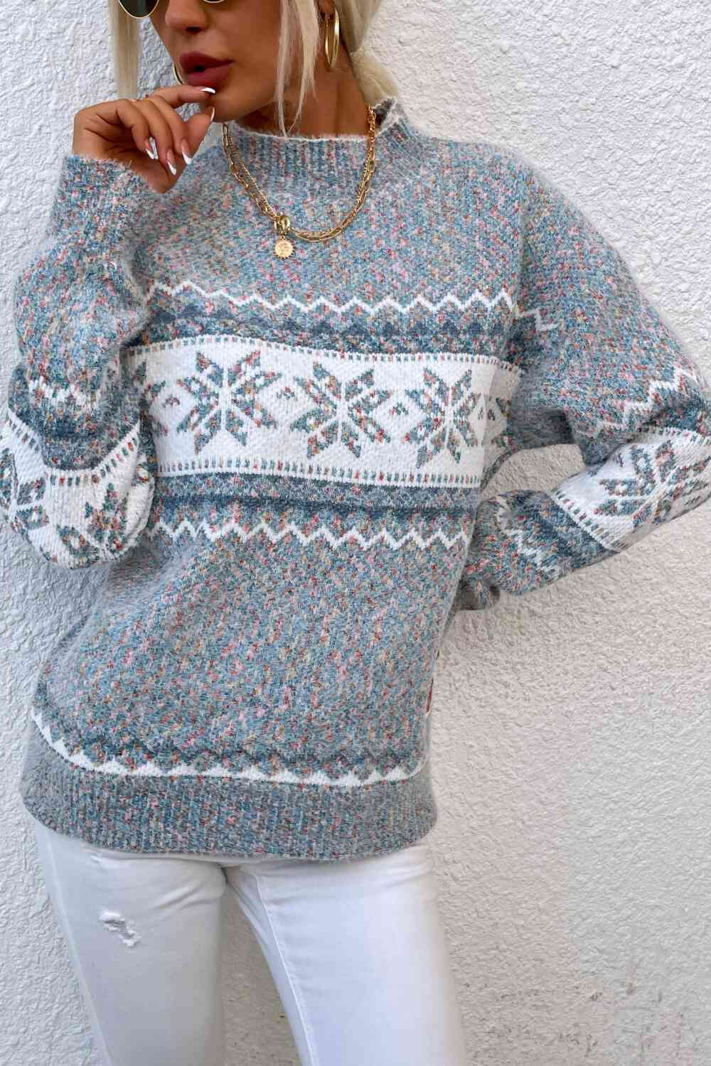 Snowflake Pattern Mock Neck Sweater - Deals DejaVu