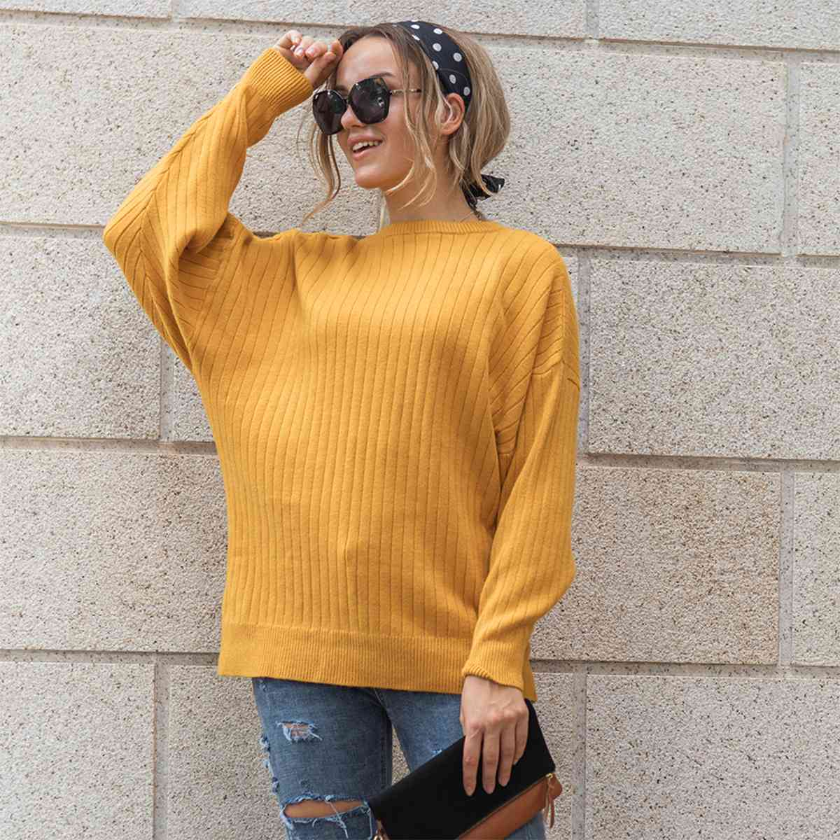 Round Neck Dropped Shoulder Sweater - Deals DejaVu