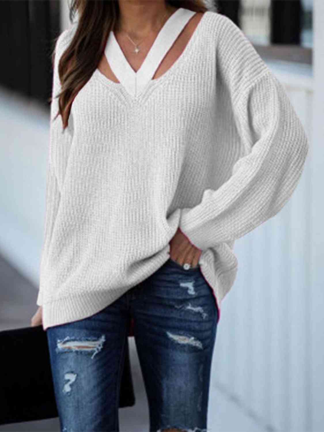 Full Size Cutout V-Neck Rib-Knit Sweater - Deals DejaVu