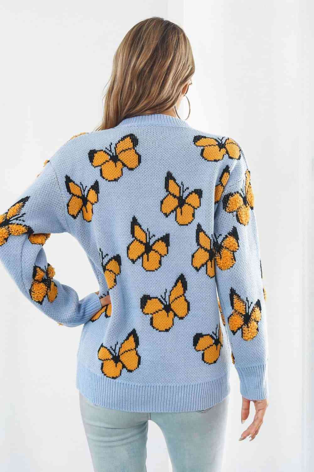 Butterfly Pattern Round Neck Dropped Shoulder Sweater - Deals DejaVu