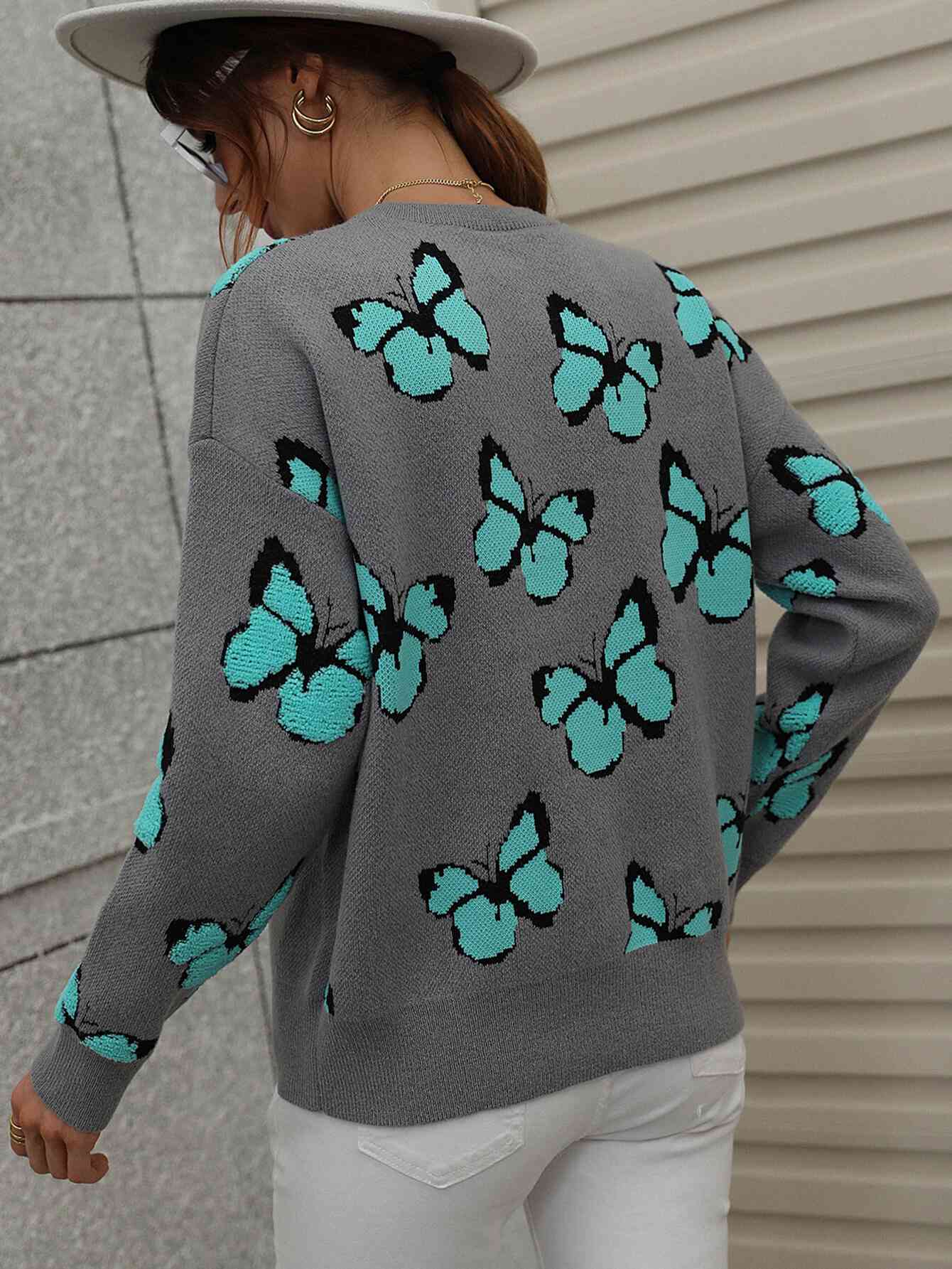 Woven Right Butterfly Dropped Shoulder Crewneck Sweater - Deals DejaVu