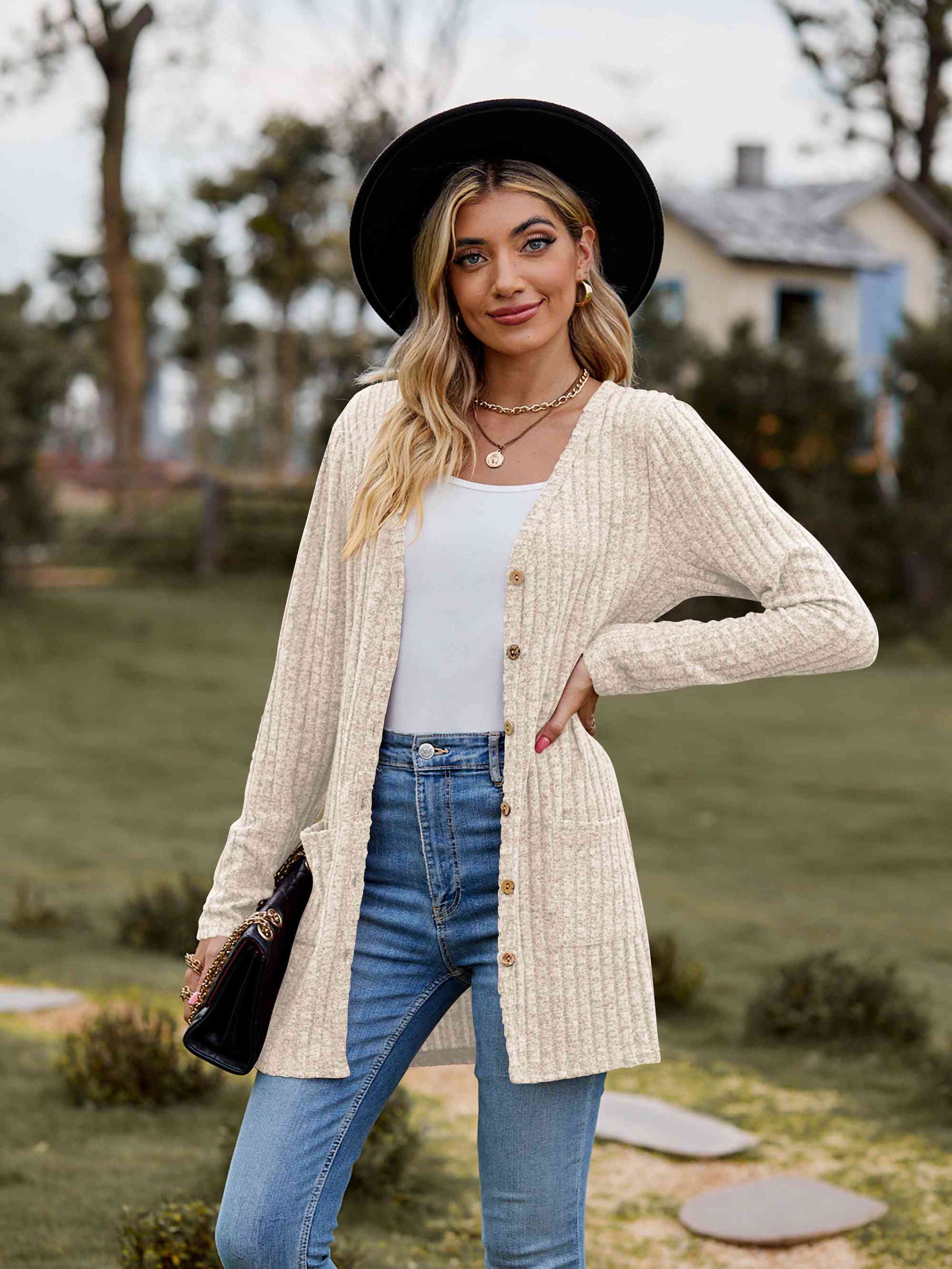 Ribbed Button-Up Cardigan with Pockets (BFD) T - Deals DejaVu