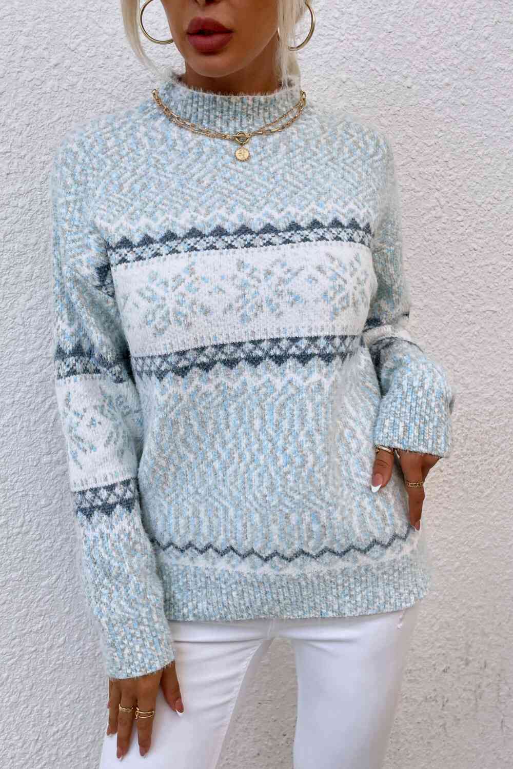 Snowflake Pattern Mock Neck Sweater - Deals DejaVu