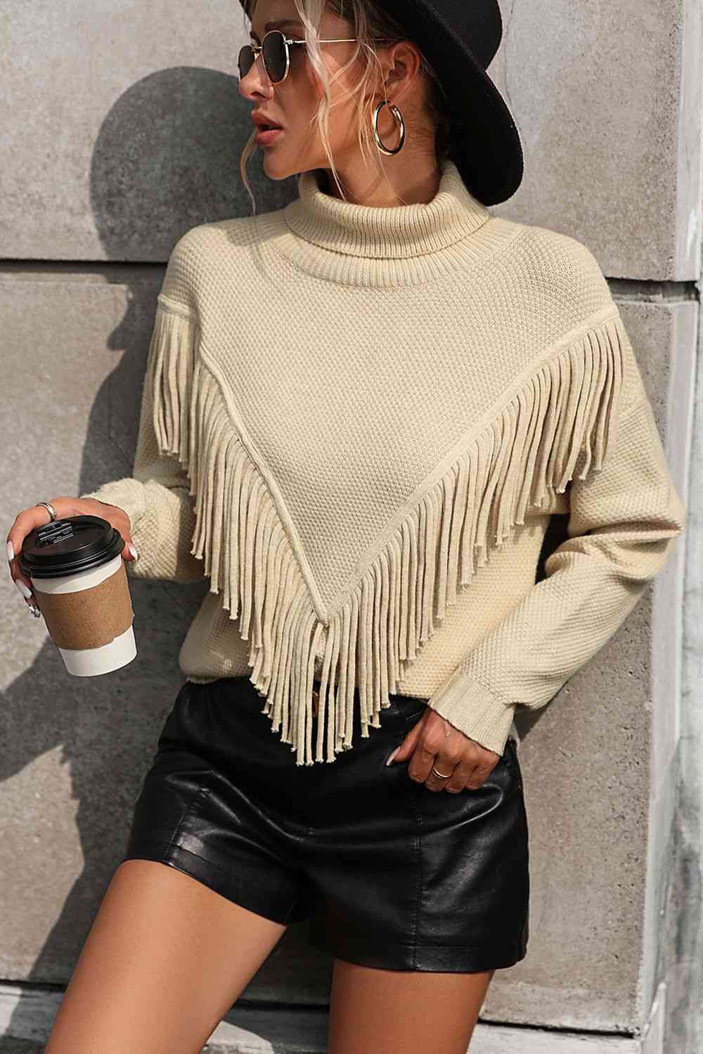 Turtle Neck Tassel Front Long Sleeve Pullover Sweater - Deals DejaVu